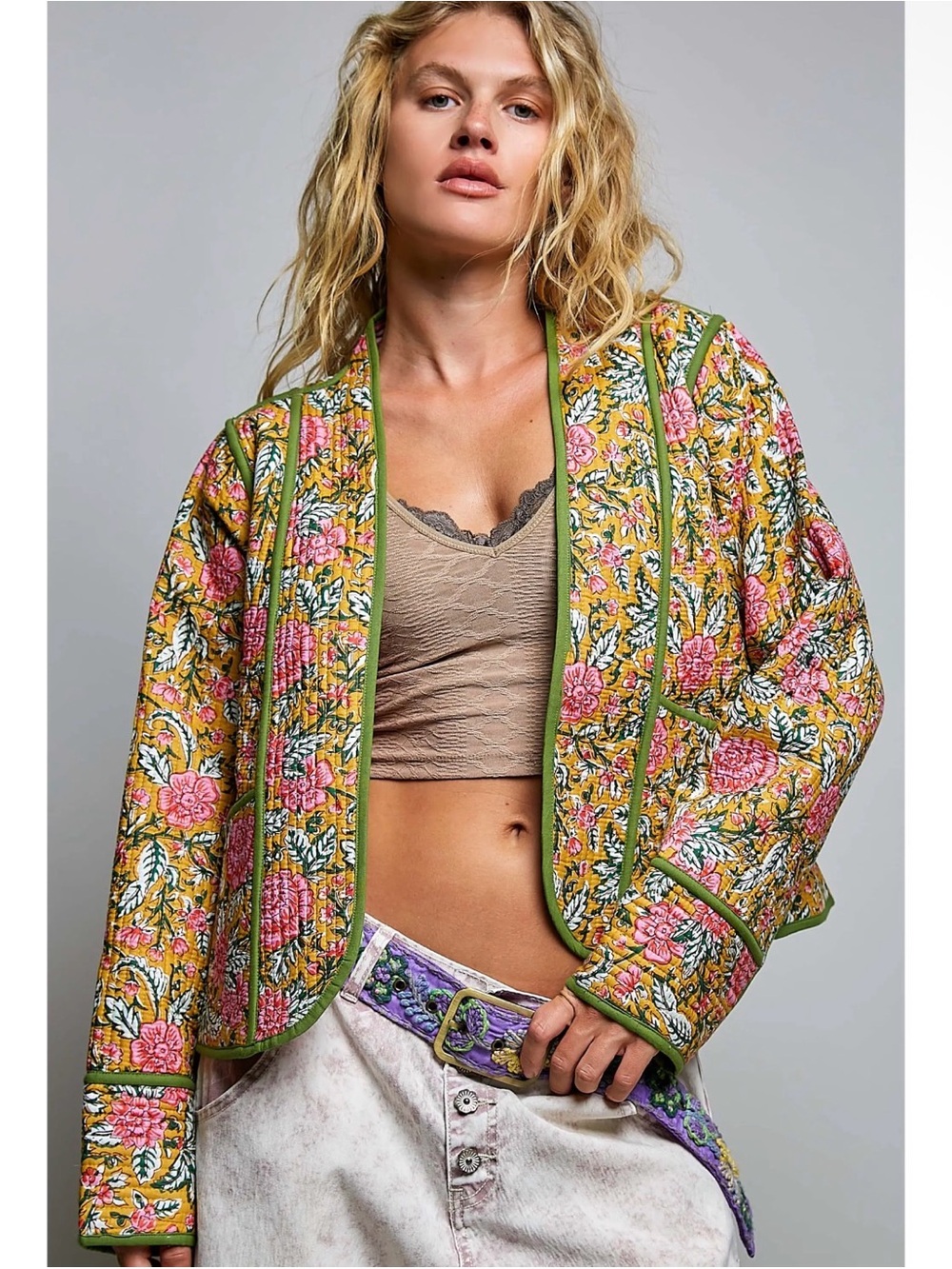 POL yellow floral cotton kantha quilted boho western embroidered jacket coat - Picture 2 of 4